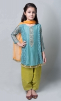 3 piece Shirt, Dupatta and Shalwar Screen Printed Arabic Lawn shirt with Embroidered Neckline and Screen Printed Sleeves Lime Green Embroidered Shalwar Net mustard Dupatta  Embellished with Gotta and Lace