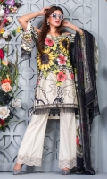 Chikan Printed Lawn front with Embroidered Neckline Patch Printed Lawn Back and Sleeves Printed Chiffon Dupatta Dyed Trouser With Embroidered Patch