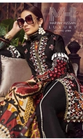 01 M EMBROIDERED SHEESHA WORK LAWN FRONT 02 M EMBROIDERED FRONT BORDER 25 M DYED LAWN BACK 01 EMBROIDERED BACK MOTIF 65 M DYED LAWN SLEEVES 01 M EMBROIDERED SLEEVES BORDER 04 M EMBROIDERED HEM PATTI 5 M PRINTED MEDIUM SILK DUPATTA 44” EMBROIDERED TROUSER BOTTOM 5 M 100% PIMA COTTON TROUSER
