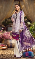 01 M EMBROIDERED LAWN FRONT 01 EMBROIDERED RAW SILK BORDER 01 M EMBROIDERED NECKLINE PATTI 13” DYED FRONT LAWN PANELS 25 M PRINTED LAWN BACK 65 M EMBROIDERED LAWN SLEEVES 02 EMBROIDERED SLEEVES MOTIFS 5 M PRINTED MEDIUM SILK DUPATTA 2 M EMBROIDERED TROUSER BORDER 5 M 100% PIMA COTTON TROUSER