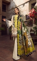 01 M EMBROIDERED FRONT JACQUARD LAWN WITH APPLIQUE WORK 01 M EMBROIDERED FRONT BORDER 01 M EMBROIDERED NECKLINE PATT 25 M PRINTED LAWN BACK 65 M DYED JACQUARD LAWN SLEEVES 02 EMBROIDERED SLEEVES MOTIFS 26” EMBROIDERED SLEEVES BORDER 5 M PRINTED MEDIUM SILK DUPATTA 01 M EMBROIDERED TROUSER PATTI 5 M 100% PIMA COTTON TROUSER