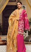 01 M EMBROIDERED FRONT WITH SHEESHA HAND WORK 7 M EMBROIDERED FRONT SHEESHA WORK BORDER 01 M EMBROIDERED NECKLINE PATTI 25 M DYED LAWN BACK 01 EMBROIDERED BACK MOTIF 5 M EMBROIDERED BACK AND SLEEVES BORDER 65 M EMBROIDERED SHEESHA WORK SLEEVES 5 M FOIL PRINTED CHANDERI NET DUPATTA 5 M 100% PIMA COTTON TROUSER