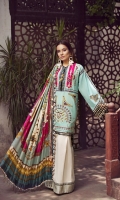 01 M EMBROIDERED LAWN FRONT WITH APPLIQUE WORK 5 M EMBROIDERED FRONT AND BACK BORDER 25 M PRINTED LAWN BACK 5 M EMBROIDERED HEM PATTI 65 M DYED LAWN SLEEVES 01 PAIR EMBROIDERED SLEEVES 5 M PRINTED MEDIUM SILK DUPATTA 12 M EMBROIDERED TROUSER BORDER 5 M 100% PIMA COTTON TROUSER