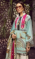 01 M EMBROIDERED LAWN FRONT WITH APPLIQUE WORK 5 M EMBROIDERED FRONT AND BACK BORDER 25 M PRINTED LAWN BACK 5 M EMBROIDERED HEM PATTI 65 M DYED LAWN SLEEVES 01 PAIR EMBROIDERED SLEEVES 5 M PRINTED MEDIUM SILK DUPATTA 12 M EMBROIDERED TROUSER BORDER 5 M 100% PIMA COTTON TROUSER