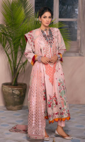 Embroidered Center Panel (Lawn) Embroidered Side Kali left and right (Lawn) Embroidered Side Panel B left and right (Lawn) Embroidered Back Motive (organza) Dyed Back Plain (Lawn) Embroidered Front & Back Border (Lawn) Embroidered Sleeve (Lawn) Embroidered Dupatta (Chiffon) Embroidered Dupatta Pallu (organza) Printed Trouser (Cotton)