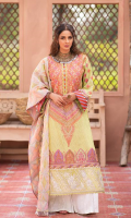 Embroidered Front (Lawn) Embroidered Neckline (Organza) Embroidered Back (Lawn) Embroidered Front Border A (Organza) Embroidered Front & Back Border B (Organza) Embroidered Sleeve (Lawn) Embroidered Back Patti (Organza) Embroidered Dupatta (Net) Trouser (Cotton)