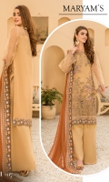 Embroidered Front Organza. Embroidered Front border. Embroidered Back Organza. Embroidered Back border. Embroidered Sleeves Organza. Embroidered Sleeves border. Embroidered dupatta chiffon . Trouser Dyed grip.