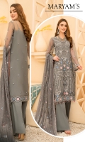 Embroidered Front Organza. Embroidered Front border. Embroidered Back Organza. Embroidered Back border. Embroidered Sleeves Organza. Embroidered Sleeves border. Embroidered dupatta Chiffon. Trouser Dyed grip