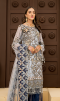 Embroidered Front Chiffon Handmade. Embroidered Back Chiffon. Embroidered Sleeves Chiffon. Embroidered Dupatta Net. Embroidered Front Border Handmade. Embroidered Back Border. Embroidered Sleeves Border. Embroidered Sharara Contrast. Trouser Contrast. Embroidered Motif.