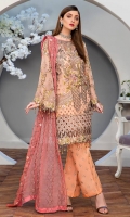 CHIFFON EMBROIDERED FRONT (1YARD) ORGANZA EMBROIDERED FRONT BORDER PATCH (1 YARD) CHIFFON EMBROIDERED BACK (1 YARD) ORGANZA EMBROIDERED BACK BORDER PATCH (1 YARD) CHIFFON EMBROIDERED SLEEVES (2 YARDS) ORGANZA EMBROIDERED SLEEVES PATCH (1 YARD) CHIFFON EMBROIDERED DUPATTA WITH HAND MADE PEARLS (2.50 YARDS) DYED GRIP RAW-SILK EMBROIDERED TROUSER(2.50 YARDS)