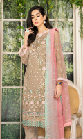 CHIFFON EMBROIDERED FRONT WITH HAND MADE PEARLS (1YARD) ORGANZA EMBROIDERED FRONT BORDER PATCH (1 YARD) CHIFFON EMBROIDERED BACK (1 YARD) ORGANZA EMBROIDERED BACK BORDER PATCH (1 YARD) CHIFFON EMBROIDERED SLEEVES WITH HAND MADE PEARLS (0.60YARD) ORGANZA EMBROIDERED SLEEVES PATCH 2 PIECES (2 YARDS) CHIFFON EMBROIDERED DUPATTA (2.50 YARDS) DYED GRIP RAW-SILK TROUSER (2.50 YARDS) ORGaAZA EMBROIDERED TROUSER PATCH (1 YARD)
