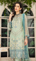 CHIFFON EMBROIDERED FRONT (1YARD) ORGANZA EMBROIDERED FRONT BORDER PATCH 2 PIECES ORGANZA NECKLINE PATCH (1 PIECE) CHIFFON EMBROIDERED BACK (1 YARD) ORGANZA EMBROIDERED BACK BORDER PATCH (1 YARD) CHIFFON EMBROIDERED SLEEVES (0.60YARD) ORGANZA SLEEVES PATCH (1 YARD) CHIFFON EMBROIDERED DUPATTA (2.50 YARDS) DYED GRIP RAW-SILK TROUSER (2.50 YARDS) ORGaAZA TROUSER PATCH (1 YARD)