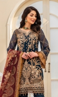 CHIFFON EMBROIDERED FRONT (1YARD) ORGANZA EMBROIDERED FRONT BORDER PATCH  (1 YARD) CHIFFON EMBROIDERED BACK   (1 YARD) ORGANZA EMBROIDERED BACK BORDER PATCH (1 YARD) CHIFFON EMBROIDERED SLEEVES (0.60YARD) ORGANZA PLAIN SLEEVES SECOND PATCH 1 PIECE EMBROIDERED SLEEVES  PATCH (1.25 YARD) DUPATTA JAMAWAR (2.50 YARDS) DYED GRIP RAW-SILK TROUSER(2.50 YARDS) ORGaAZA PLAIN TROUSER PATCH (1 PIECE ) ORGANZA EMBROIDERED TROUSER SECOND PTCH (1.15 YARDS)
