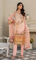 CHIFFON EMBROIDERED FRONT (1YARD) ORGANZA EMBROIDERED FRONT BORDER PATCH  (1 YARD) CHIFFON EMBROIDERED BACK   (1 YARD) ORGANZA EMBROIDERED BACK BORDER PATCH (1 YARD) CHIFFON EMBROIDERED SLEEVES (0.60YARD) EMBROIDERED SLEEVES  PATCH (1 YARD) CHIFFON EMBROIDERED DUPATTA (2.50 YARDS) DYED GRIP RAW-SILK TROUSER(2.50 YARDS)
