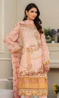 CHIFFON EMBROIDERED FRONT (1YARD) ORGANZA EMBROIDERED FRONT BORDER PATCH  (1 YARD) CHIFFON EMBROIDERED BACK   (1 YARD) ORGANZA EMBROIDERED BACK BORDER PATCH (1 YARD) CHIFFON EMBROIDERED SLEEVES (0.60YARD) EMBROIDERED SLEEVES  PATCH (1 YARD) CHIFFON EMBROIDERED DUPATTA (2.50 YARDS) DYED GRIP RAW-SILK TROUSER(2.50 YARDS)