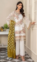 CHIFFON EMBROIDERED FRONT (1YARD) ORGANZA EMBROIDERED FRONT BORDER PATCH  (1 YARD) CHIFFON EMBROIDERED BACK   (1 YARD) ORGANZA EMBROIDERED BACK BORDER PATCH (1 YARD) CHIFFON EMBROIDERED SLEEVES (0.60YARD) EMBROIDERED SLEEVES  PATCH (1 .25YARD) JAMAWAR DUPATTA (2.50 YARDS) DYED GRIP RAW-SILK TROUSER(2.50 YARDS) ORGaAZA EMBROIDERED TROUSER PATCH (1 YARD )