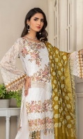 CHIFFON EMBROIDERED FRONT (1YARD) ORGANZA EMBROIDERED FRONT BORDER PATCH  (1 YARD) CHIFFON EMBROIDERED BACK   (1 YARD) ORGANZA EMBROIDERED BACK BORDER PATCH (1 YARD) CHIFFON EMBROIDERED SLEEVES (0.60YARD) EMBROIDERED SLEEVES  PATCH (1 .25YARD) JAMAWAR DUPATTA (2.50 YARDS) DYED GRIP RAW-SILK TROUSER(2.50 YARDS) ORGaAZA EMBROIDERED TROUSER PATCH (1 YARD )