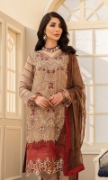 CHIFFON EMBROIDERED FRONT (1YARD) ORGANZA EMBROIDERED FRONT BORDER PATCH  (1 YARD) CHIFFON EMBROIDERED BACK   (1 YARD) ORGANZA EMBROIDERED BACK BORDER PATCH (1 YARD) CHIFFON EMBROIDERED SLEEVES (0.60YARD) EMBROIDERED SLEEVES  PATCH (1 YARD) CHIFFON EMBROIDERED DUPATTA (2.50 YARDS) DYED GRIP RAW-SILK TROUSER(2.50 YARDS)
