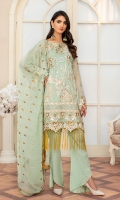 CHIFFON EMBROIDERED FRONT (1YARD) ORGANZA EMBROIDERED FRONT BORDER PATCH  (1 YARD) CHIFFON EMBROIDERED BACK   (1 YARD) ORGANZA EMBROIDERED BACK BORDER PATCH (1 YARD) CHIFFON EMBROIDERED SLEEVES (0.60YARD) EMBROIDERED SLEEVES  PATCH (1 YARD) CHIFFON EMBROIDERED DUPATTA (2.50 YARDS) DYED GRIP RAW-SILK TROUSER(2.50 YARDS) ORGaAZA EMBROIDERED TROUSER PATCH (1 YARD )