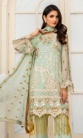 CHIFFON EMBROIDERED FRONT (1YARD) ORGANZA EMBROIDERED FRONT BORDER PATCH  (1 YARD) CHIFFON EMBROIDERED BACK   (1 YARD) ORGANZA EMBROIDERED BACK BORDER PATCH (1 YARD) CHIFFON EMBROIDERED SLEEVES (0.60YARD) EMBROIDERED SLEEVES  PATCH (1 YARD) CHIFFON EMBROIDERED DUPATTA (2.50 YARDS) DYED GRIP RAW-SILK TROUSER(2.50 YARDS) ORGaAZA EMBROIDERED TROUSER PATCH (1 YARD )