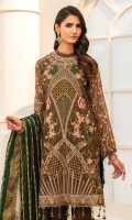 CHIFFON EMBROIDERED FRONT (1 YARD) ORGANZA EMBROIDERED FRONT BORDER PATCH (1 YARD) CHIFFON EMBROIDERED BACK (1 YARD) ORGANZA EMBROIDERED BACK BORDER PATCH (1 YARD) CHIFFON EMBROIDERED SLEEVES (1.25 Yards) ORGANZA EMBROIDERED DUPATTA (2.50 YARDS) DYED GRIP RAW-SILK TROUSER(2.50 YARDS) ORGANZA EMBROIDERED TROUSER PATCH(1 YARD)