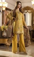 CHIFFON EMBROIDERED HANDMADE FRONT, SLEEVES, CHIFFON EMBROIDERED BACK, DUPATTA, EMBROIDERED FRONT DAMAN PATCH, GRIP TROUSER ACCESSORIES