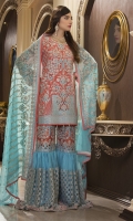 CHIFFON EMBROIDERED FRONT, BACK , SLEEVES, DUPATTA EMBROIDERED FRONT, BACK DAMAN PATCH EMBROIDERED NET SAHARARA, GRIP TROUSER ACCESSORIES