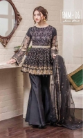 Chiffon Embroidered Front, Back, Net Embroiderd Sleeves. Embroidered Belt Patti. Embroidered Net Dupatta, Grip Trouser. Accessories.