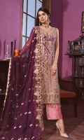 EMBROIDED HANDMADE CHIFFON FRONT. EMBROIDED CHIFFON BACK. EMBROIDED CHIFFON SLEEVES. EMBROIDED HANDMADE FRONT PATTI. EMBROIDED CHIFFON DUPATTA. JAMAWAR TROUSER AND ACCESSORIES.