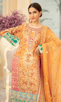 EMBROIDERED HANDMADE CHIFFON FRONT & SLEEVES EMBROIDERED CHIFFON SIDE PANEL CHIFFON BACK EMBROIDERED CHIFFON DUPATTA EMBROIDERED HANDMADE GRIP DAMAN & SLEEVE PATCHES EMBROIDERED HANDMADE TISSUE PATCH GRIP TROUSER
