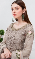 Embroidered Organza front with hand work and sequence – 30 inch Embroidered Organza back with sequence– 30  inch  Hand work neck patch Embroidered Organza sleeves – 1.25 Meter Embroidered Organza sleeves lace -1.25 Meter Embroidered Organza ghera lace – 1.5 Meter Embroidered Chiffon dupatta – 2.50 Meter Raw Silk trouser – 2.5 Meter  Embroidered Organza trouser Patches