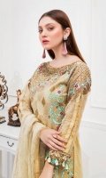 Embroidered Organza front with sequence – 30 inch Embroidered Organza back – 30 inch  Hand work neck patch  Embroidered Organza sleeves – 1.25 Meter Embroidered Tissue sleeves lace with pasting– 1.25 Meter Embroidered Tissue ghera lace – 1.5 Meter Embroidered Net dupatta – 2.50 Meter Raw Silk trouser – 2.5 Meter  Embroidered tissue trouser patches