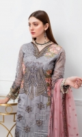 Embroidered Organza front with sequence – 30 inch Embroidered Organza back – 30 inch  Hand work neck patch Embroidered Organza sleeves – 1.25 Meter  Embroidered Organza sleeves lace with pasting -1.25 Meter Embroidered Organza ghera lace – 1.5 Meter Embroidered Net dupatta – 2.50 Meter Raw Silk trouser – 2.5 Meter  Embroidered Organza trouser patches           