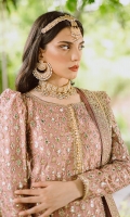 Tehreem wears Kamila, a pure silk kameez in LILAC is filled with a generous spray of dabka, sheesha and tilla. The shirt is brought together with our signature hand made doris worn with a kaccha tilla gharara and a net dupatta with hand embroidered borders.