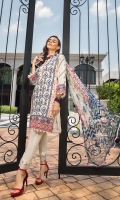 Lawn Embroidered Shirt  Embroidered Organza Neck Patti  Embroidered Organza Border For Front  Embroidered Organza Border For Back  Embroidered Organza Border For Sleeves  White Printed Trouser  Digital Printed Chiffon Dupatta