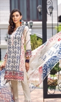Lawn Embroidered Shirt  Embroidered Organza Neck Patti  Embroidered Organza Border For Front  Embroidered Organza Border For Back  Embroidered Organza Border For Sleeves  White Printed Trouser  Digital Printed Chiffon Dupatta