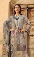 Digital Printed Embroidered Front   Digital Printed Back and Sleeves   Embroidered Organza Border For Front   Embroidered Organza Border For Trouser   Dyed Printed Trouser   Digital Printed Chiffon Dupatta 