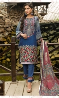 A BURST OF FLORAL BLUSH PRESENTED IN THIS BLUE ENSEMBLE HEAVILY EMBROIDERED BORDER AND NECKLINE PRINTED SLEEVES, DYED TROUSER AND ALL OVER PRINTED CHIFFON DUPATTA.