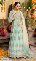 Chiffon Embroidered Front  Chiffon Embroidered Back  Chiffon Embroidered Front & Back Bodice  Embroidered Chiffon Sleeves  Organza Embroidered Embellished Neckline  Organza Embroidered Front Border  Organza Embroidered Sleeves Motifs  Dyed Net Dupatta  Organza Embroidered Dupatta Pallu  Dyed Raw Silk Trouser