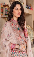 Digital Printed Luxury Lawn Shirt With Embroidered Neck Embroidered Bamber Chiffon Dupatta Cotton Dyed Trouser Embroidered Lass Fort+Patches