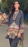 Digital Printed Embroidered Linen Front 1.14 M Digital Printed Linen Back 1.14 M Neckline Embroidered Patch 1 Pc Digital Printed Linen Sleeves 0.67 M Digital Printed Crinkle Chiffon Dupatta 2.5 M Dyed Linen Trouser 2.5 M