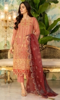 Embroidered Hand Embalished Crinkle Chiffon Front 1 M Embroidered Crinkle Chiffon Back 1 M Embroidered Patch Hand Embalished For Front 1 M Embroidered Patch For Front & Back 2 M Embroidered Crinkle Chiffon Sleeves 0.67 M Embroidered Organza Dupatta 2.5 M Dyed Silk Trouser 2.5 M