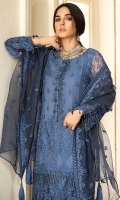 Embroidered Crinkle Chiffon Front 1 M Embroidered Crinkle Chiffon Back 1 M Embroidered Patch For Front & Back 2 M Embroidered Patch For Front 1 M Embroidered Crinkle Chiffon Sleeves 0.67 M Sleevs Embroidered Patch 1 M Embroidered Organza Dupatta 2.5 M Dyed Silk Trouser 2.5 M