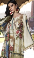Three Piece, Shirt Fabric: Digital Printed Karandi, Includes: Front, Back, Sleeves, Digital Printed Tissue Silk Dupatta, Dyed Karandi Trouser, With Embroidered Patches.