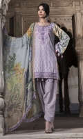 Three Piece, Shirt Fabric: Digital Printed Karandi, Includes: Front, Back, Sleeves, Digital Printed Tissue Silk Dupatta, Dyed Karandi Trouser, With Embroidered Patches.