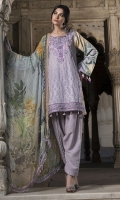 Three Piece, Shirt Fabric: Digital Printed Karandi, Includes: Front, Back, Sleeves, Digital Printed Tissue Silk Dupatta, Dyed Karandi Trouser, With Embroidered Patches.