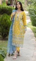 Embroidered Mirror Hand Embelished Lawn Front 1 M Dyed Lawn Back 1 M Embroidered Patch A For Front & Back Daman 2 M Embroidered Patch B For Front & Back Daman 2 M Embroidered Patch For Front Daman 1 M Embroidered Lawn Sleeves 0.67 M Sleeves Embroidered Patch A 1 M Sleeves Embroidered Patch B 1 M Embroidered Organza Dupatta 2.5 M Dyed Cotton Trouser 2.5 M