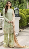 Schiffli Embroidered Lawn Front 1 M Dyed Lawn Back 1 M Schiffli Embroidered Patch A For Front & Back Daman 2 M Embroidered Patch B For Front & Back Daman 2 M Embroidered Lawn Sleeves 0.67 M Sleeves Embroidered Patch 1.25 M Embroidered Crinkle Chiffon Dupatta 2.5 M Printed Cotton Trouser 2.5 M