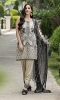Embroidered Lawn Front 1 M Dyed Lawn Back 1 M Embroidered Patch A For Front 1 M Embroidered Patch B For Front 1 M Embroidered Patch C For Front 1 M Embroidered Patch D For Front 1 M Dyed Lawn Sleeves 0.67 M Embroidered Crinkle Chiffon Dupatta 2.5 M Dyed Cotton Trouser 2.5 M