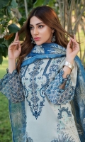 Schiffli Embroidered Lawn Front 1 M Dyed Lawn Back 1 M Embroidered Patch For Daman Front & Back 2 M Dyed Lawn Sleeves 0.67 M Sleeves Embroidered Patch 1 M Embroidered Organza Dupatta 2.5 M Dyed Cotton Trouser 2.5 M